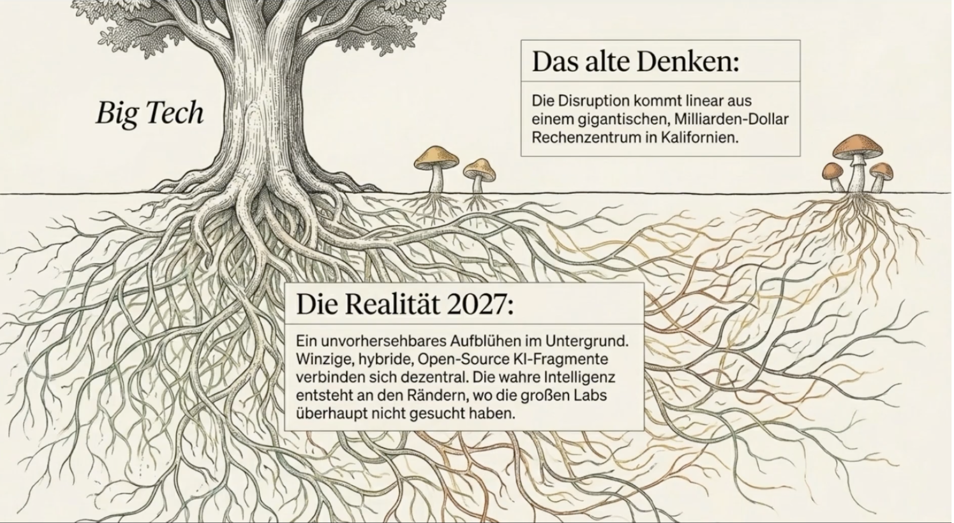 Big Tech als großer Baum, daneben das dezentrale Pilzgeflecht