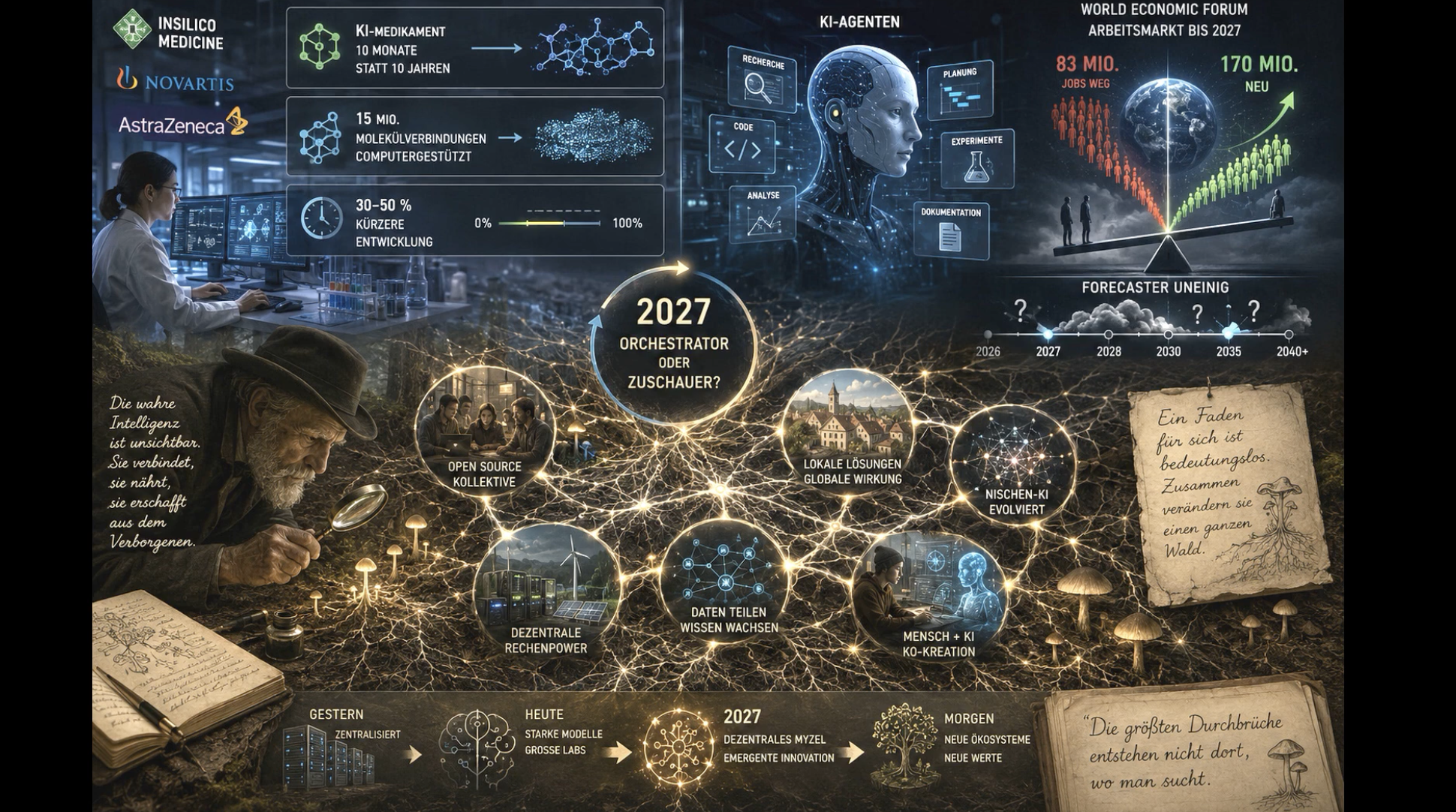 Gesamtüberblick: KI-Medikamente, Agenten, Arbeitsmarkt und das Myzel-Prinzip 2027