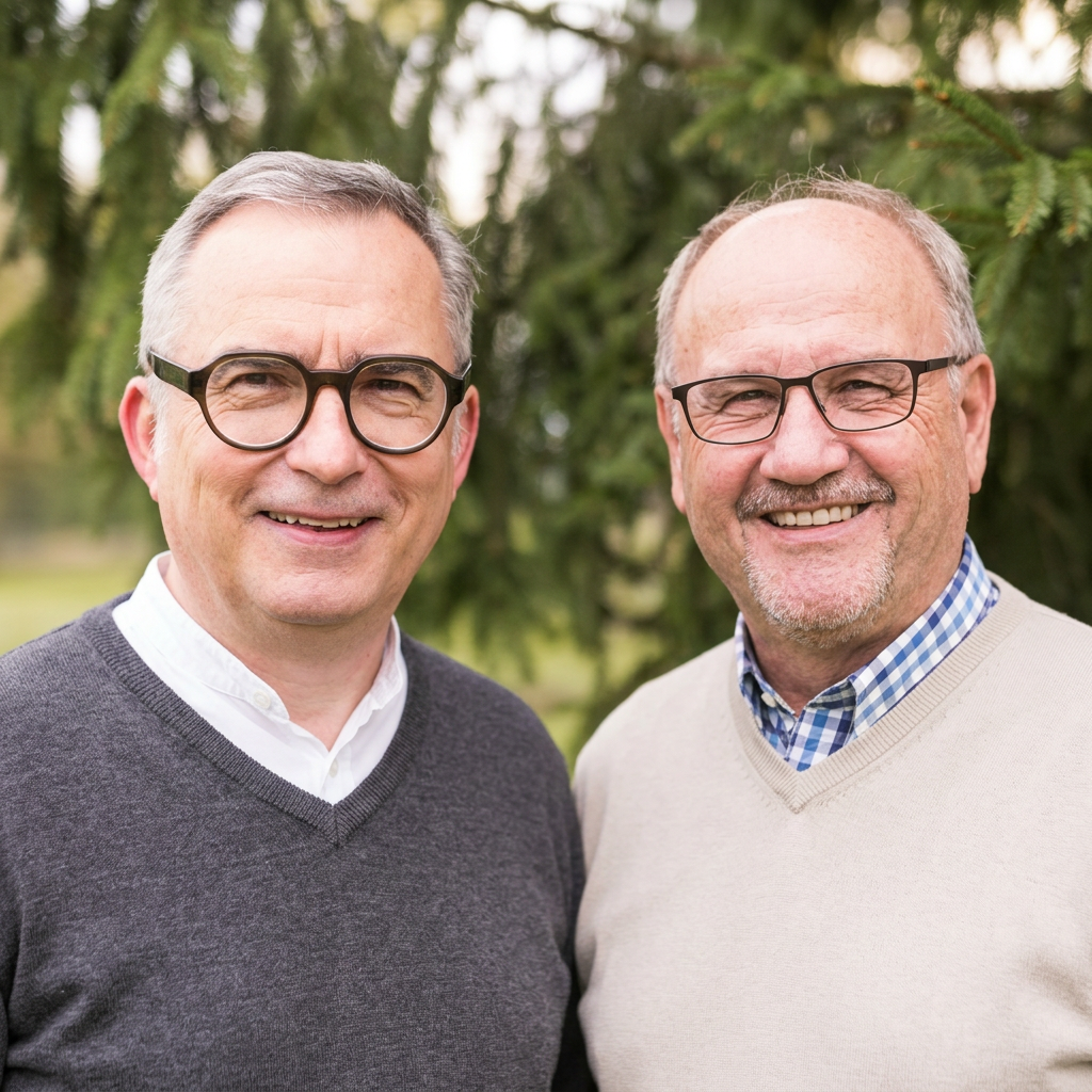 Michael Deck und Hans-Jürgen Brozio lächeln nebeneinander im Freien.